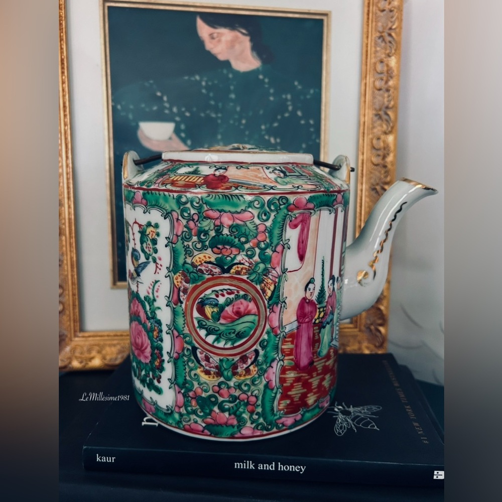 1950 Chinese Export Rose Medallion Porcelain Teapot with Rattan Tea Basket